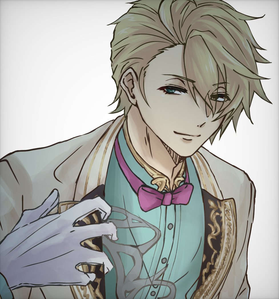 1boy ahoge aladdin_(sinoalice) blonde_hair blue_eyes bow bowtie closed_mouth collared_shirt eyebrows_visible_through_hair formal gloves male_focus shirt short_hair simple_background sinoalice sketch smile solo white_background white_gloves y_o_u_m_a