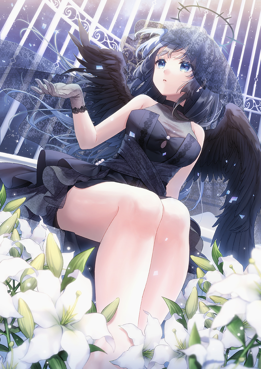 1girl angel angel_wings bangs bare_legs birdcage black_dress black_veil black_wings blue_background blue_eyes blue_hair breasts cage commentary_request confetti dress feathered_wings flower gloves gradient gradient_background grey_gloves halo hand_up in_cage lily_(flower) long_hair looking_to_the_side masuishi_kinoto medium_breasts original parted_lips sidelocks sleeveless sleeveless_dress solo sparkle veil white_flower wings