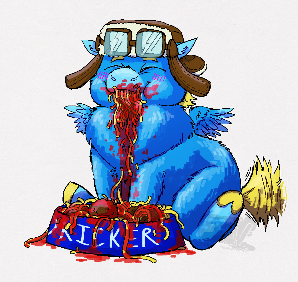2024 aliasing ambiguous_gender aviator_cap aviator_goggles blonde_eyebrows blonde_mane blue_body blue_feathers blue_fur blue_wings blush blush_lines bowl brown_clothing brown_hat brown_headwear clothing container digital_drawing_(artwork) digital_media_(artwork) eating eating_food equid equine eyebrows eyes_closed feathered_wings feathers federalchemical1728 feral fluffy_pony fluffy_pony_(species) food food_bowl full-length_portrait fur happy hat headgear headwear hooves mammal mane meatball pasta pegasus pet_bowl portrait purple_blush shaded simple_background sitting smile solo spaghetti tail tail_motion tailwag unguligrade watermark white_background wings yellow_hooves yellow_tail