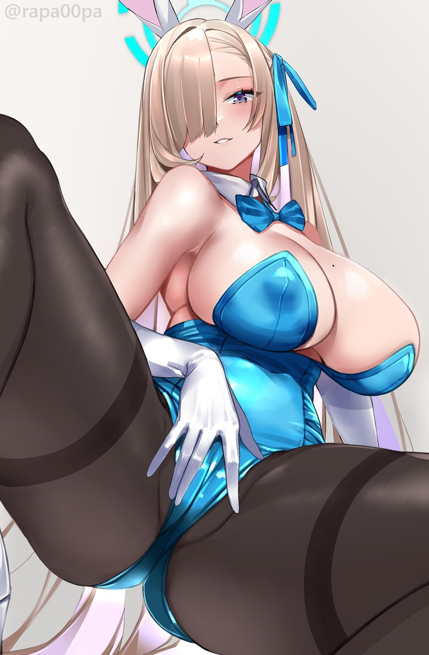 1girl animal_ears asuna_(blue_archive) asuna_(bunny)_(blue_archive) asymmetrical_bangs bare_shoulders blue_archive blue_bow blue_bowtie blue_eyes blue_leotard blue_ribbon blush bow bowtie breasts brown_pantyhose cameltoe cleavage detached_collar fake_animal_ears gloves grey_background hair_ornament hair_over_one_eye hair_ribbon halo highres large_breasts leotard light_brown_hair long_bangs long_hair looking_at_viewer mole mole_on_breast official_alternate_costume pantyhose parted_lips playboy_bunny rabbit_ears rapapa ribbon simple_background sitting smile solo spread_legs spread_pussy_under_clothes strapless strapless_leotard thighband_pantyhose thighs traditional_bowtie very_long_hair white_gloves