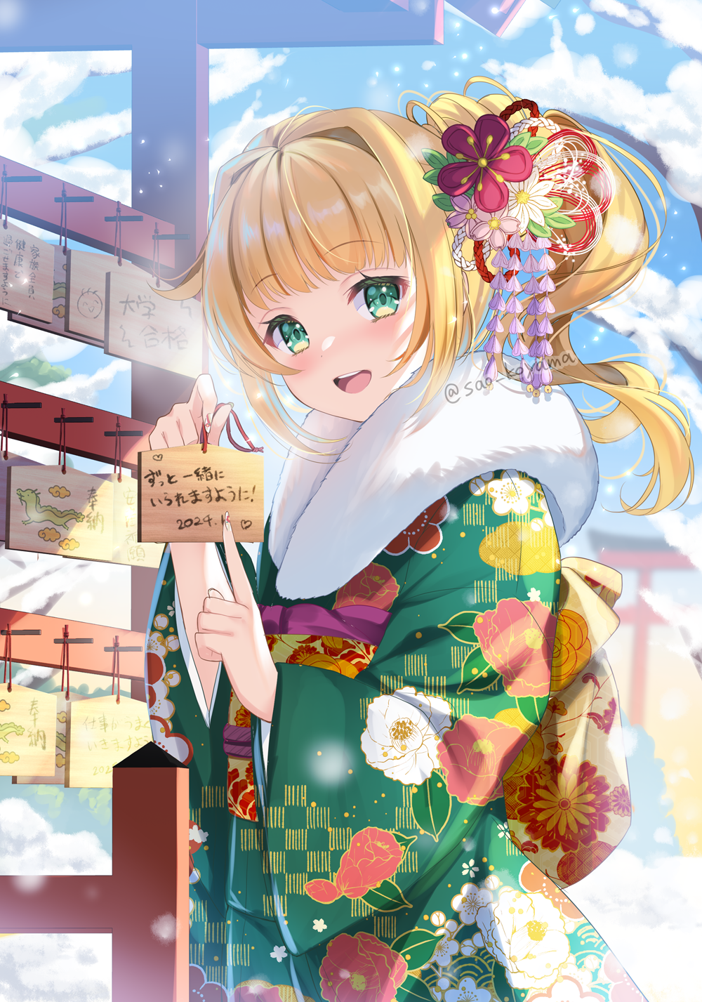 1girl bare_tree blonde_hair blurry blurry_foreground day ema floral_print green_eyes green_kimono hair_intakes hair_ornament highres holding japanese_clothes kanzashi kimono koyama_sao long_hair looking_at_viewer manicure nail_art nail_polish nengajou new_year open_mouth original outdoors print_kimono side_ponytail smile snow snowing solo teeth torii tree upper_body upper_teeth_only wide_sleeves