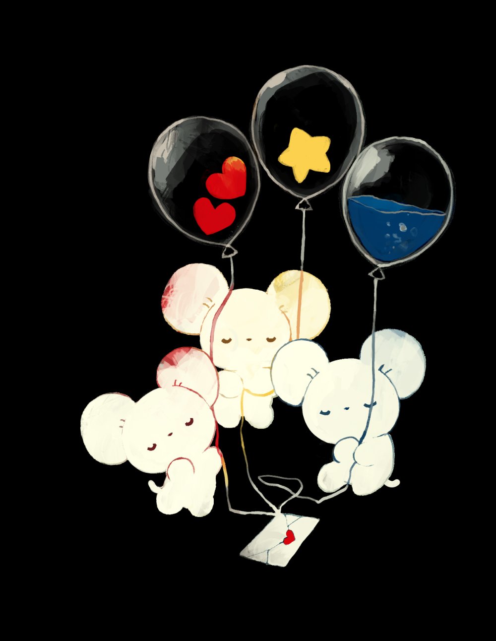 animal_focus balloon bear black_background character_request check_character closed_eyes color_coordination hashtag_only_commentary heart heart_balloon highres holding holding_balloon li04r love_letter maushold multiple_monochrome no_humans pokemon pokemon_(creature) simple_background sitting standing star_(symbol) star_balloon water