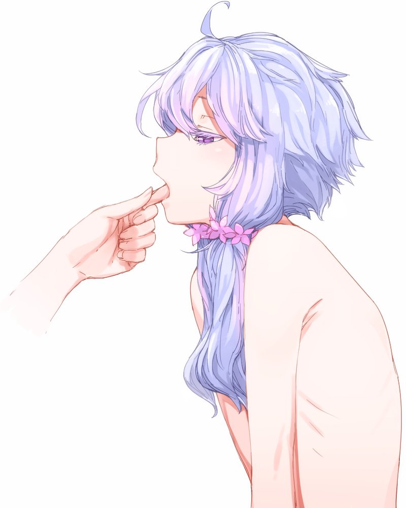 1girl ahoge armpit_crease colored_eyelashes commentary_request completely_nude disembodied_limb expressionless from_side half-closed_eyes hunched_over looking_at_another mochi_(mochi444420) nude open_mouth purple_eyes purple_hair ribs short_hair_with_long_locks simple_background tongue tongue_grab tongue_out upper_body v_arms vocaloid voiceroid white_background yuzuki_yukari yuzuki_yukari_(onn)