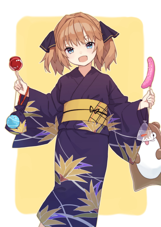 1girl alternate_costume bag bagged_fish black_kimono black_ribbon blue_eyes bokukawauso brown_hair candy_apple chocolate_banana commission feet_out_of_frame fish food hachijou_(kancolle) hair_ribbon japanese_clothes kantai_collection kimono mitsuyo_(mituyo324) ribbon short_hair solo stuffed_otter two-tone_background water_yoyo yellow_background