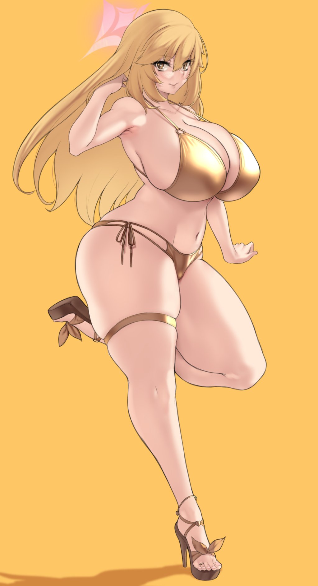 1girl aster_crowley bare_shoulders bikini blonde_hair blue_archive blush breasts brown_eyes cleavage collarbone full_body gold_bikini halo high_heels highres huge_breasts long_hair looking_at_viewer navel shokuhou_misaki smile solo sparkling_eyes star_(symbol) swimsuit symbol-shaped_pupils thick_thighs thigh_strap thighs toaru_kagaku_no_railgun toaru_majutsu_no_index yellow_background