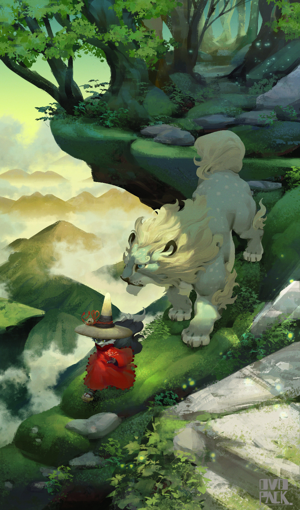 1other above_clouds androgynous artist_name black_fur blue_eyes body_fur cloud commentary day floating_island fox_tail from_above furry_other geta hat highres landscape lion looking_ahead moss mountain murayama_ryota no_lineart original outdoors red_robe robe rock scenery sign slit_pupils tail tengu-geta tree walking wide_shot yellow_eyes yellow_headwear