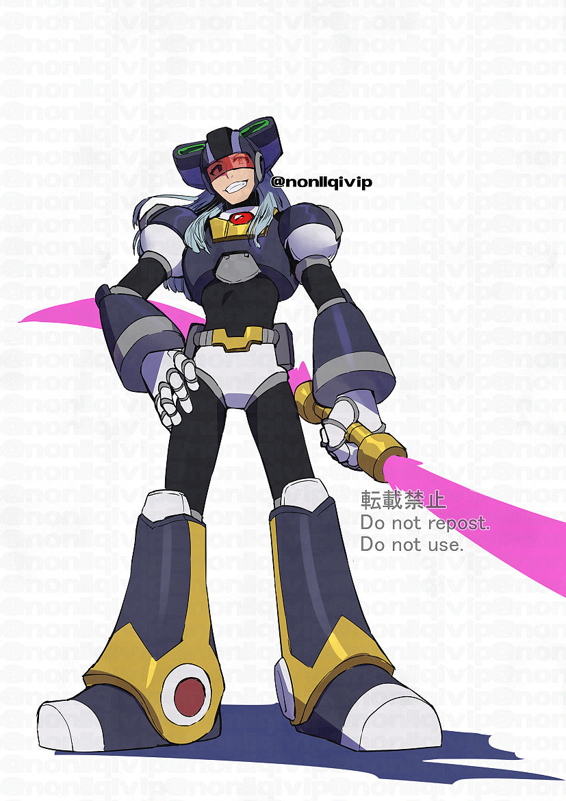 1boy android armor beam_saber commentary_request double_bladed_lightsaber dynamo_(mega_man) energy_blade energy_sword full_armor head-mounted_display helmet holding holding_weapon lightsaber medium_hair mega_man_(series) mega_man_x5 mega_man_x_(series) shadow simple_background smile sword twitter_username weapon white_background white_hair yamanashi_taiki