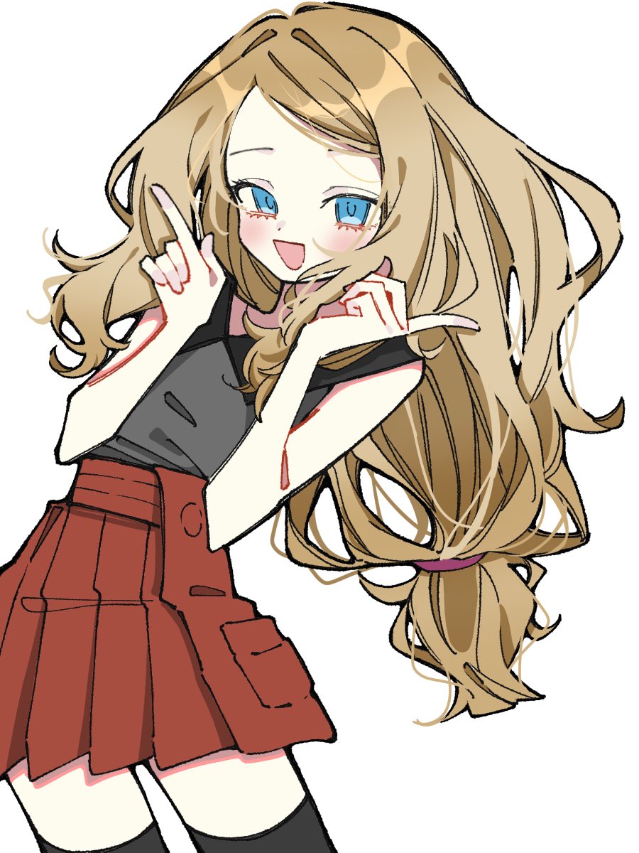 1girl :d black_thighhighs blonde_hair blue_eyes contrapposto cowboy_shot dot_nose grey_shirt hands_up high-waist_skirt highres index_finger_raised ino_climate leaning_to_the_side legs_apart long_hair looking_at_viewer open_mouth pleated_skirt pokemon pokemon_xy red_skirt serena_(pokemon) shirt shirt_tucked_in sidelocks skirt sleeveless sleeveless_shirt smile solo thighhighs wavy_hair zettai_ryouiki