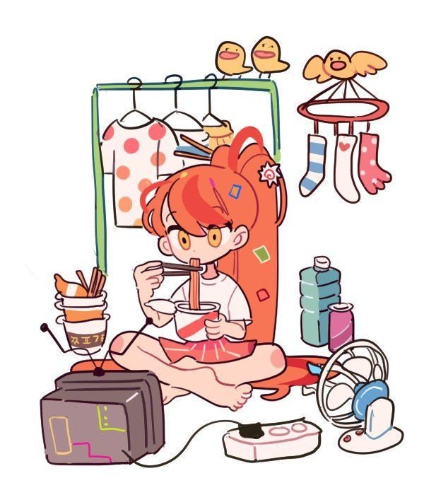 1girl bird bottle cable chick chopsticks commentary cup dated_commentary dolman_(dm) eating electric_fan food-themed_hair_ornament full_body hair_ornament hair_spread_out hairpin high_ponytail holding holding_chopsticks holding_cup long_hair miniskirt nissin_cup_noodle orange_hair original pink_skirt radio_antenna shirt short_sleeves simple_background skirt solo sparkle striped_clothes striped_skirt t-shirt television unworn_shirt unworn_skirt unworn_socks vertical-striped_clothes vertical-striped_skirt very_long_hair watching_television white_background white_shirt white_sleeves yellow_eyes