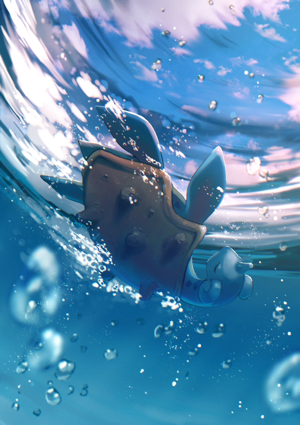 air_bubble blurry bubble closed_eyes cloud commentary day from_below full_body gen_1_pokemon highres lapras no_humans pokemon pokemon_(creature) sky underwater upside-down water_surface yukichi_(tsuknak1)