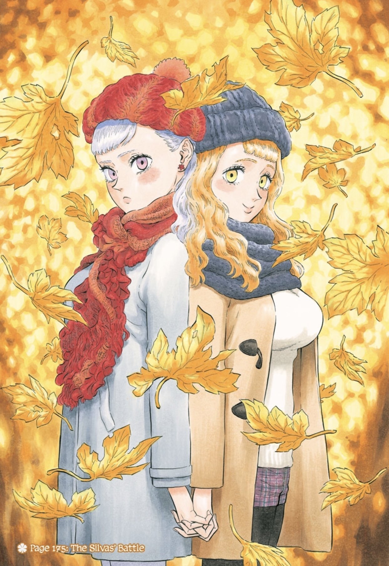2girls autumn_leaves back-to-back beanie black_clover black_headwear black_scarf blush breasts brown_coat coat earrings english_text grey_coat grey_hair hat highres holding_hands jewelry large_breasts leaf long_hair maple_leaf mimosa_vermillion multiple_girls noelle_silva official_alternate_costume official_art open_clothes open_coat orange_hair pom_pom_(clothes) pom_pom_beanie purple_eyes red_beanie red_headwear red_scarf scarf shirt smile tabata_yuuki white_shirt