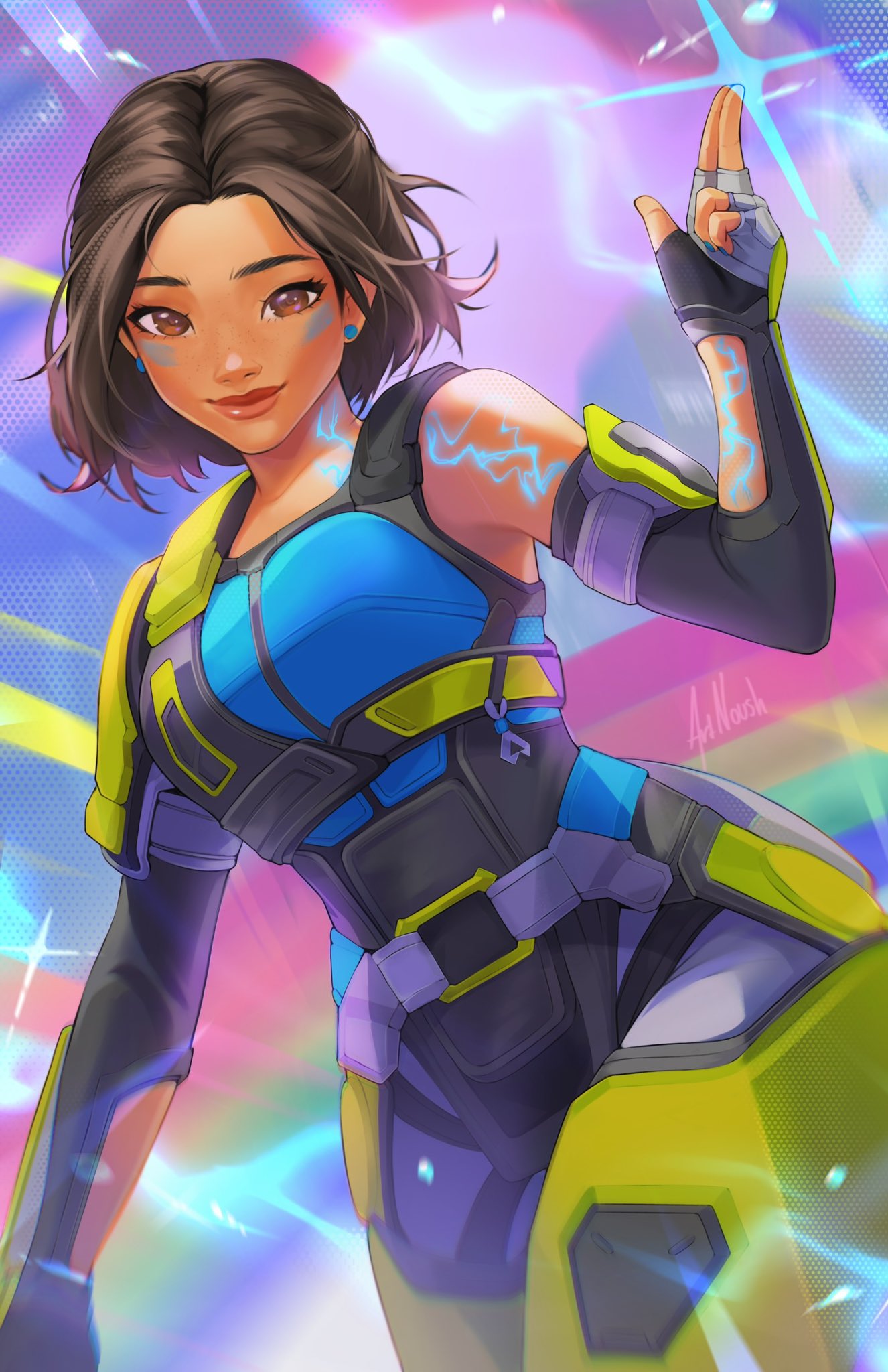 1girl animification apex_legends artist_name black_gloves blue_shirt brown_hair conduit_(apex_legends) dark-skinned_female dark_skin earrings elbow_gloves electricity english_commentary facepaint fingerless_gloves freckles gloves grey_pants head_tilt highres jewelry lightning looking_at_viewer noush pants rainbow shirt short_hair smile solo sparkle