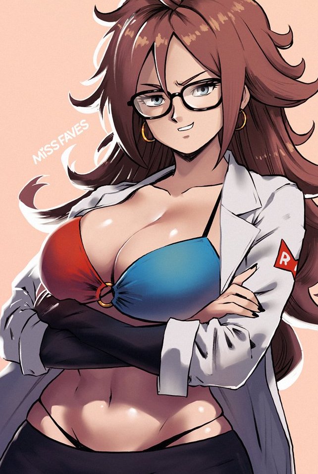 1girl android_21 breasts brown_hair cleavage crossed_arms dragon_ball earrings glasses hoop_earrings jewelry long_hair miss_faves smirk solo