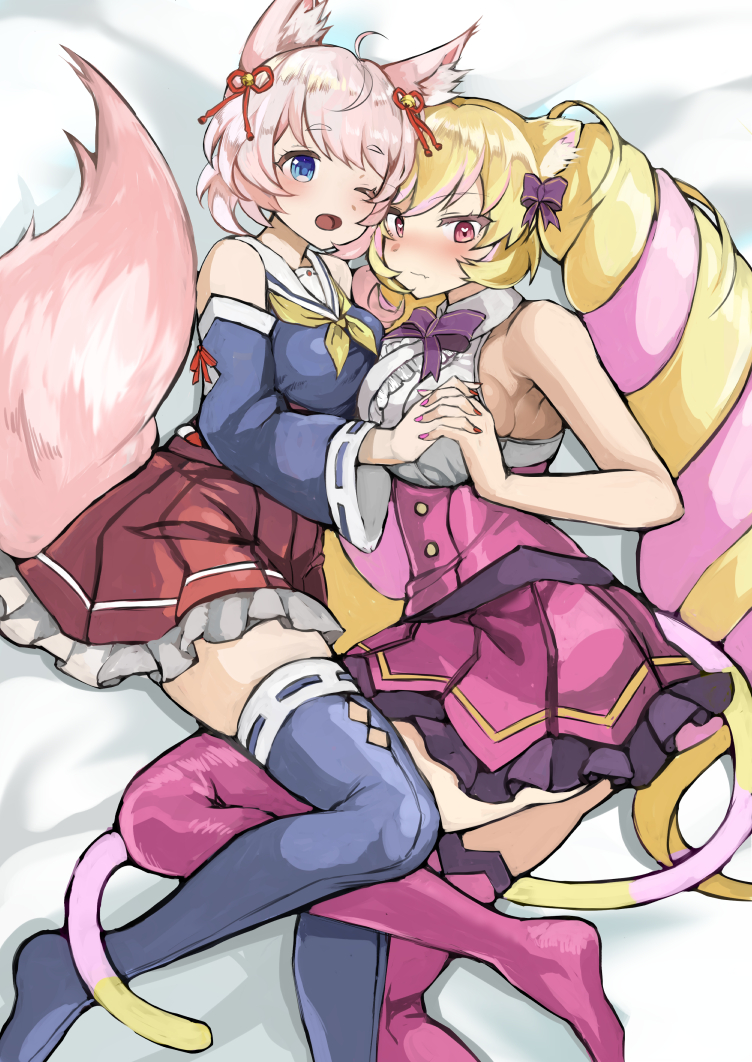 2girls ahoge animal_ears armpit_peek bed_sheet bell blonde_hair blue_eyes blush bow breasts cat_ears cat_girl cat_tail commentary detached_sleeves dress drill_hair fox_ears fox_girl fox_tail hair_bow heart heart_in_eye holding_hands howan_(show_by_rock!!) interlocked_fingers jingle_bell large_breasts long_hair mashima_himeko_(show_by_rock!!) medium_breasts multicolored_hair multiple_girls nail_polish no_shoes one_eye_closed open_mouth pink_hair puru red_eyes short_hair show_by_rock!! sideboob skirt smile symbol_in_eye tail thighhighs twintails very_long_hair wavy_mouth white_hair yuri