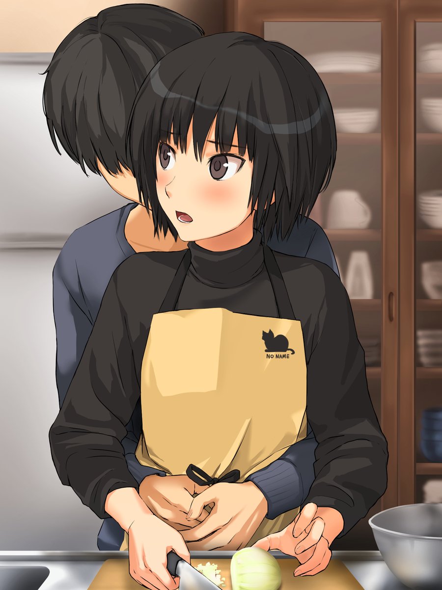 1boy 1girl amagami apron black_eyes black_sweater blue_shirt blush bob_cut chopping cooking cutting cutting_board cutting_onions faceless faceless_male hetero highres holding holding_knife hug hug_from_behind indoors kitchen_knife knife long_sleeves nanasaki_ai onion open_mouth shirt short_hair sweater tachibana_jun'ichi takenoko_saba_otto turtleneck turtleneck_sweater yellow_apron