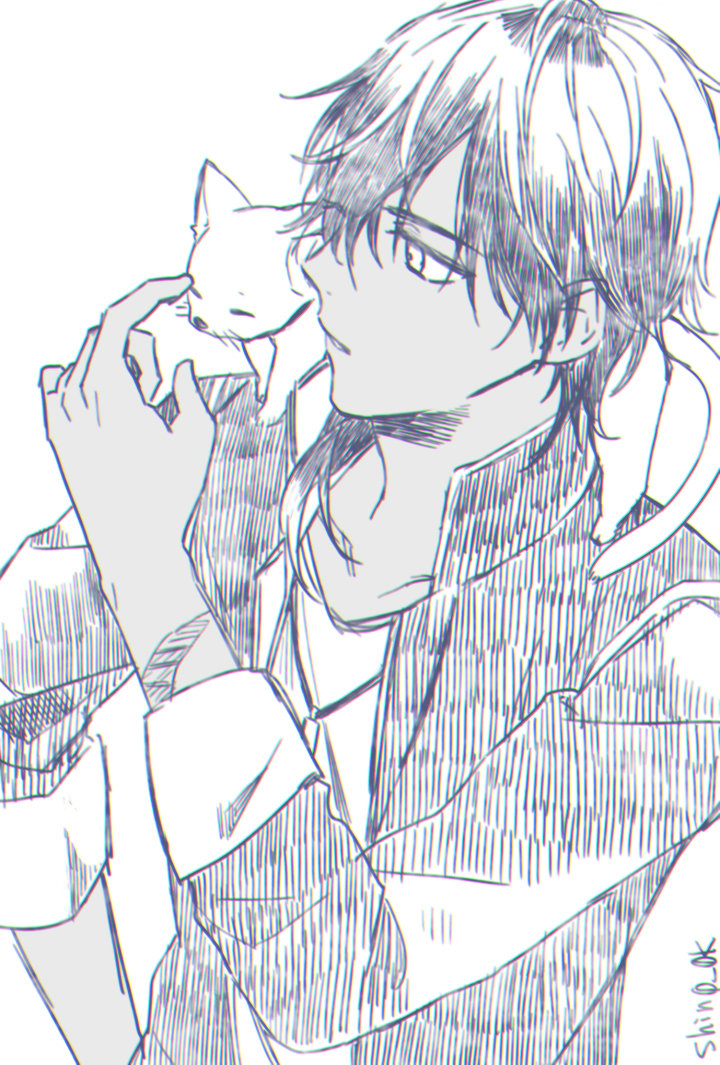 1boy cat chromatic_aberration collarbone dark-skinned_male dark_skin hand_on_own_hip hatching_(texture) jacket jewelry linear_hatching looking_at_another male_focus monochrome necklace ookurikara open_clothes open_jacket parted_lips sasasaki simple_background sitting_on_shoulder standing touken_ranbu twitter_username upper_body white_background