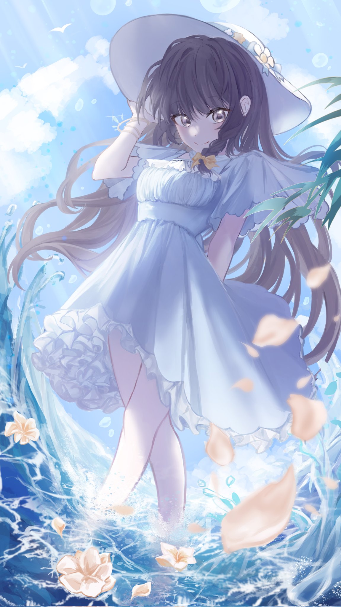 1girl arm_behind_back black_hair blunt_bangs bow bracelet braid closed_mouth cloud day dress falling_petals feet_out_of_frame flower frilled_dress frills from_below hair_bow hand_on_headwear hat hat_flower heroine_(lovebrush_chronicles) highres jewelry long_hair looking_at_viewer looking_down lovebrush_chronicles ocean petals plant purple_eyes ran_78 short_sleeves side_braid smile solo standing sun_hat sundress sunlight wading water white_dress white_headwear yellow_bow yellow_flower