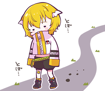 1girl black_footwear black_shorts blonde_hair closed_eyes colored_tips denonbu facing_viewer full_body hair_ears high_collar jacket long_sleeves lowres midriff multicolored_hair nonkomu_(furiten5553) official_art outline road shoes short_hair shorts sleeves_past_fingers sleeves_past_wrists solo standing taiga_lucia translated transparent_background white_jacket white_outline zipper zipper_pull_tab