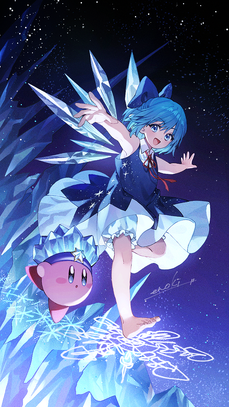 1girl 1other adapted_costume barefoot bloomers blue_bow blue_dress blue_eyes blue_hair bow cirno copy_ability crossover dress enoki_3106 fairy full_body hair_bow highres ice ice_kirby ice_wings kirby kirby_(series) looking_at_viewer open_mouth revision short_hair signature smile touhou trait_connection white_bloomers wings