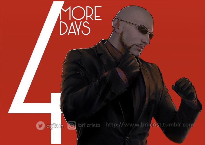 1boy bald black_gloves black_jacket black_shirt black_suit brilcrist clenched_hands countdown earrings facial_hair fighting_stance final_fantasy final_fantasy_vii final_fantasy_vii_rebirth final_fantasy_vii_remake gloves goatee instagram_logo instagram_username jacket jewelry male_focus portrait red_background rude_(ff7) shirt solo suit sunglasses tumblr_username twitter_logo twitter_username upper_body