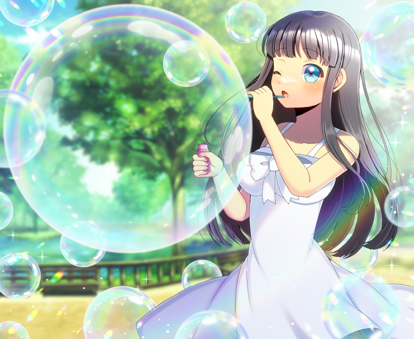 1girl ;o bare_arms bare_shoulders black_hair blue_eyes blue_sky blurry blurry_background blush bow breasts bubble_pipe cloud commentary_request commission day depth_of_field dress fence holding kou_hiyoyo lake long_hair medium_breasts one_eye_closed open_mouth original outdoors skeb_commission sky sleeveless sleeveless_dress soap_bubbles solo tree very_long_hair water white_bow white_dress