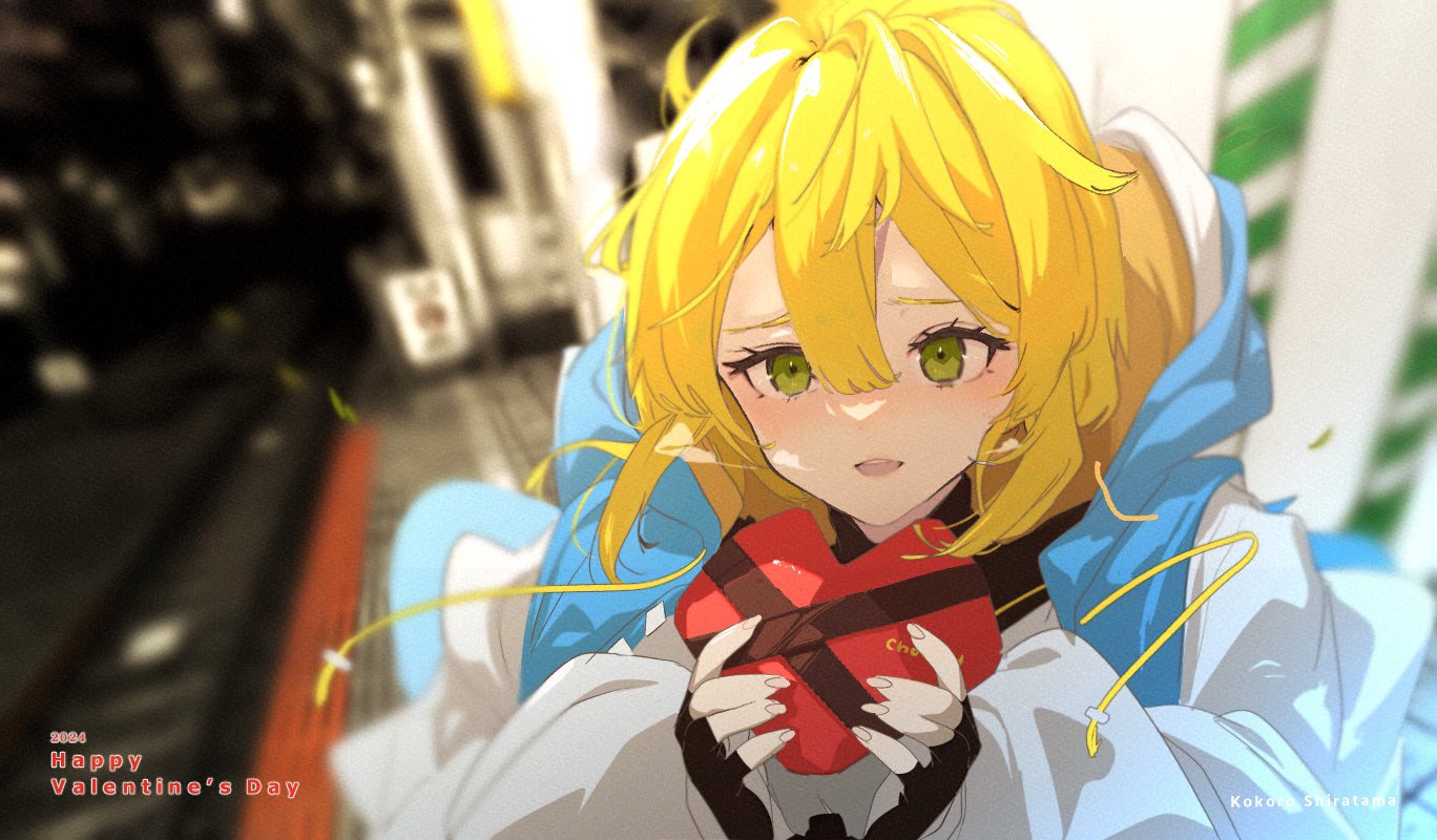1boy black_gloves blonde_hair blush box box_of_chocolates bridget_(guilty_gear) fingerless_gloves gift gloves green_eyes guilty_gear guilty_gear_strive happy_valentine heart-shaped_box holding holding_gift hood hooded_jacket hoodie jacket kokorokoko00 long_sleeves looking_at_viewer male_focus medium_hair open_clothes open_hoodie open_mouth otoko_no_ko smile