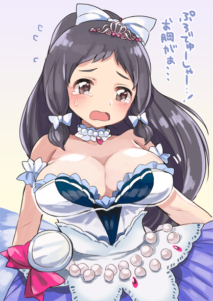 1girl arm_garter bare_shoulders black_hair blush bow breasts brown_eyes choker cleavage collarbone dress dress_bow flying_sweatdrops frilled_dress frills gradient_background hair_bow hair_ribbon idolmaster idolmaster_cinderella_girls idolmaster_cinderella_girls_starlight_stage jewelry large_breasts long_hair looking_at_viewer motion_lines necklace ohnuma_kurumi open_mouth pearl_necklace red_bow ribbon simple_background solo starry_sky_bright_(idolmaster) strapless strapless_dress tears tiara toi_(toiot) twintails watch wavy_mouth white_choker white_dress white_ribbon