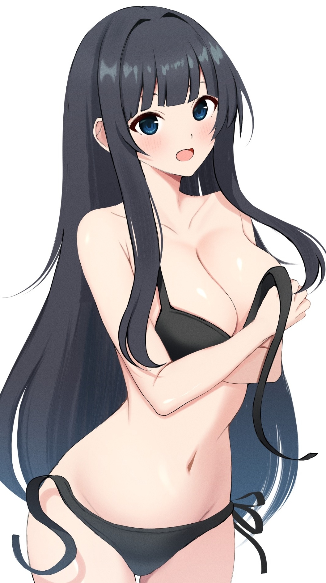 1girl arms_under_breasts bare_arms bare_shoulders bikini black_bikini black_hair blue_eyes blunt_bangs blush breasts cleavage collarbone commentary_request covering_one_breast covering_privates cowboy_shot crossed_arms groin hands_up highres ikaruga_(senran_kagura) large_breasts long_hair looking_at_viewer navel open_mouth senran_kagura side-tie_bikini_bottom sidelocks simple_background solo standing stomach surippa1010 swimsuit untied_bikini very_long_hair wardrobe_malfunction white_background