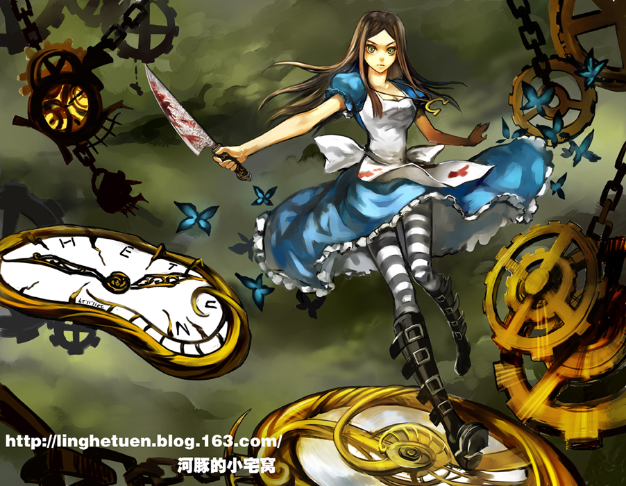 1girl alice:_madness_returns alice_(alice_in_wonderland) american_mcgee's_alice apron black_hair blood breasts clock closed_mouth dress green_eyes jewelry knife linghetuen long_hair looking_at_viewer necklace pantyhose solo striped striped_legwear watermark weapon web_address