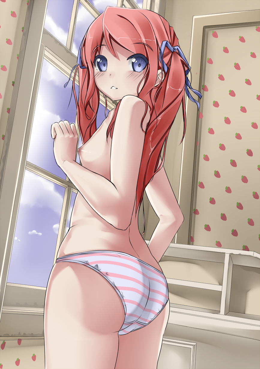 1girl ass blue_eyes breasts commentary english_commentary from_side hair_ribbon highres looking_at_viewer nipples original panties red_hair ribbon small_breasts solo striped_clothes striped_panties topless twintails underwear window xiffy