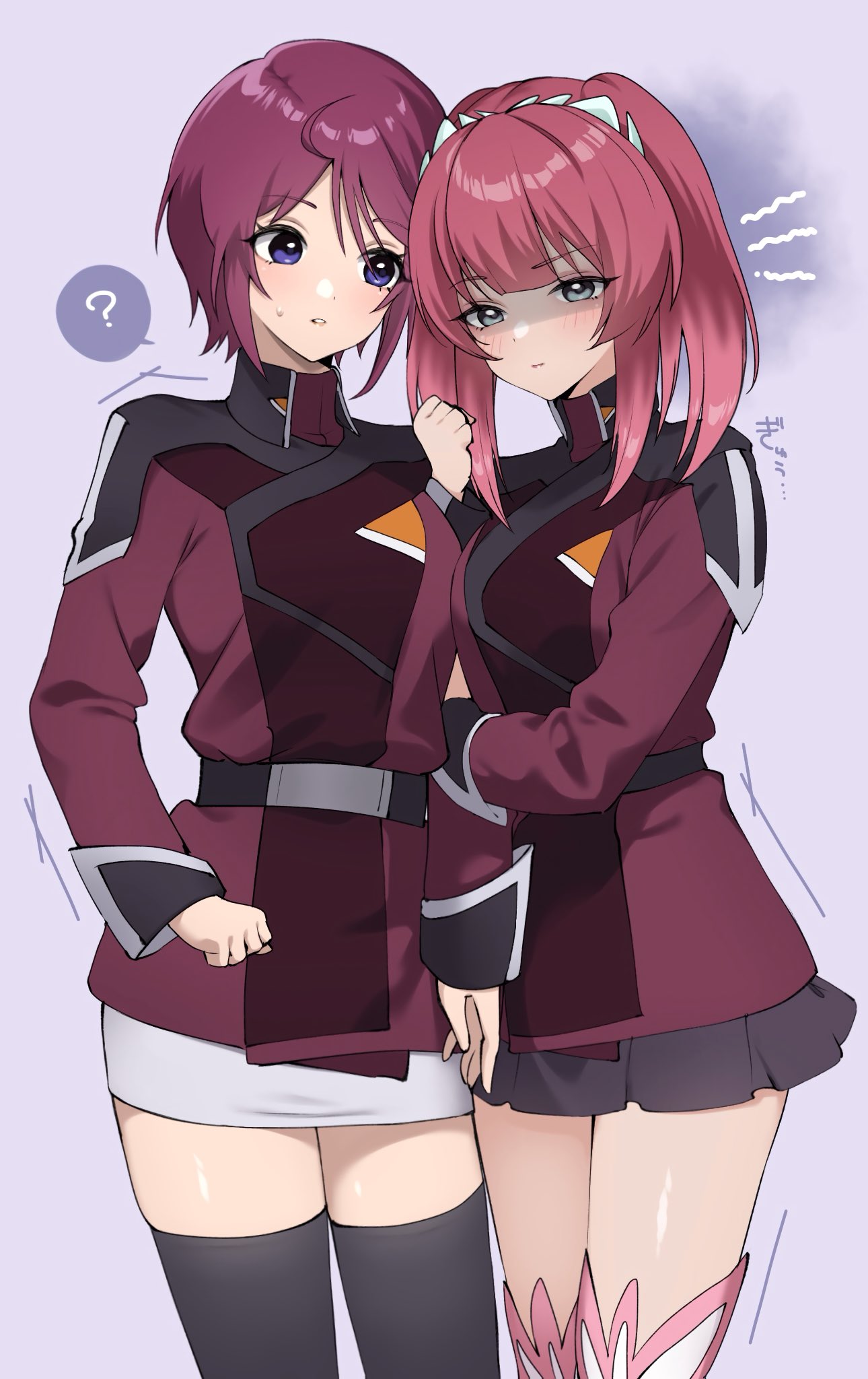 2girls ? agnes_giebenrath arm_hug black_skirt black_thighhighs blue_eyes campbell_xx closed_mouth commentary_request gloom_(expression) green_eyes gundam gundam_seed gundam_seed_freedom highres jacket lips long_sleeves looking_at_another looking_at_viewer lunamaria_hawke military_uniform miniskirt multicolored_clothes multiple_girls pink_hair pleated_skirt purple_background red_hair red_jacket shaded_face short_hair simple_background skindentation skirt spoken_question_mark standing thick_thighs thighhighs thighs twintails uniform white_skirt white_thighhighs zaft_uniform