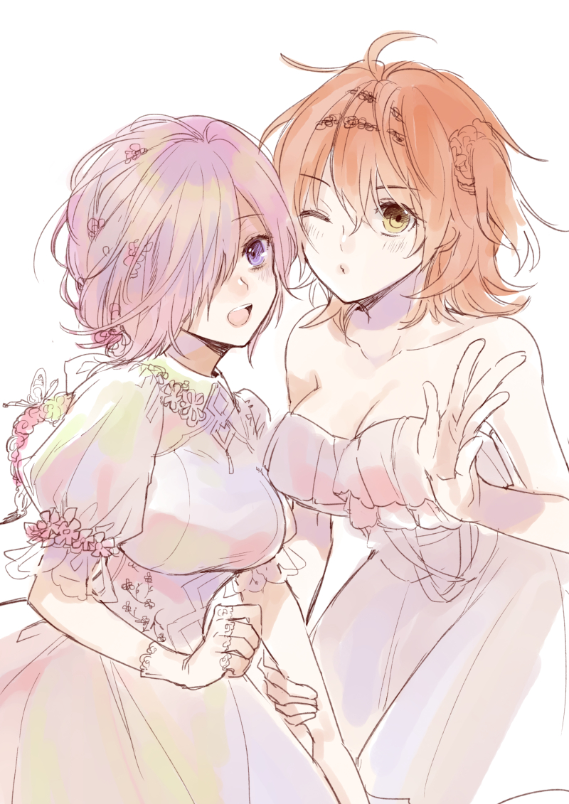 2girls ahoge alternate_costume bangs bare_shoulders blush breasts cleavage collarbone commentary_request dress eyebrows_visible_through_hair fate/grand_order fate_(series) fingerless_gloves flower formal frills fujimaru_ritsuka_(female) gloves hair_between_eyes hair_flower hair_ornament hair_over_one_eye holding holding_another's_arm large_breasts lips mash_kyrielight medium_breasts multiple_girls one_eye_closed one_eye_covered open_mouth orange_flower orange_hair pink_flower pink_hair ponytail puffy_sleeves purple_eyes shima_f0509 short_hair side_ponytail simple_background sleeveless sleeveless_dress smile strapless strapless_dress upper_body upper_teeth white_background white_dress white_gloves yellow_eyes