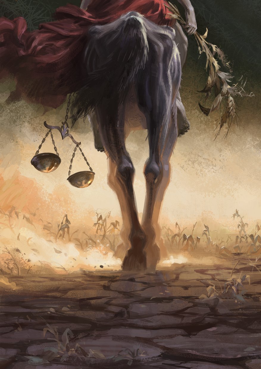 barefoot black_horse crack cracked_floor delarave dried_flower famine_(book_of_revelation) head_out_of_frame highres holding holding_scale holding_wheat horse horse_tail horseback_riding out_of_frame red_robe riding robe scales skinny skinny_legs tail weighing_scale wheat