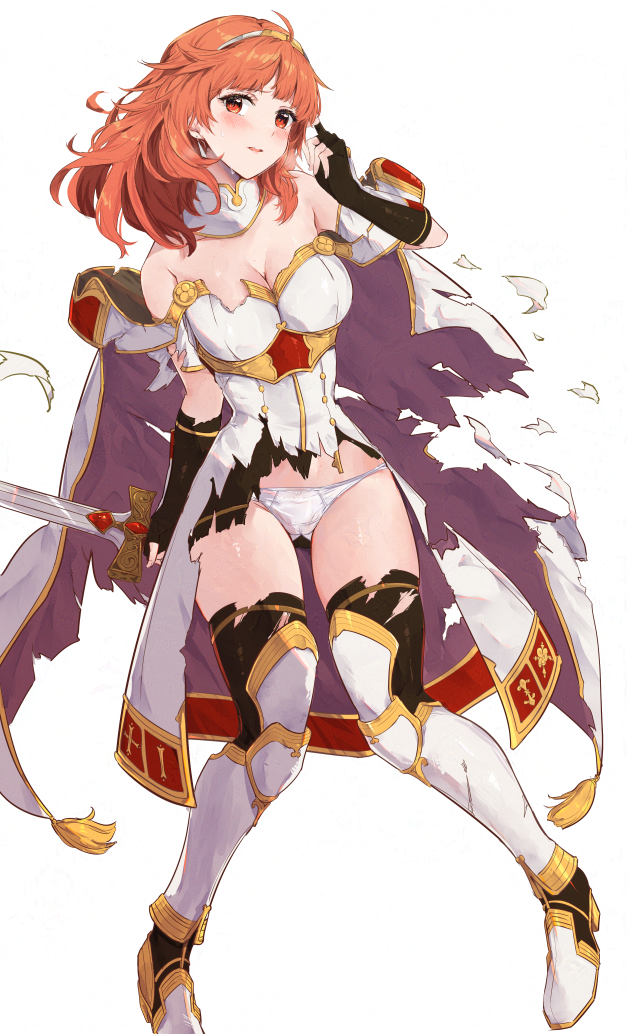 1girl armor ass_visible_through_thighs bare_shoulders blush breastplate breasts cape celica_(fire_emblem) cleavage commentary_request dress earrings fingerless_gloves fire_emblem fire_emblem_echoes:_shadows_of_valentia gloves hairband holding holding_sword holding_weapon jewelry large_breasts long_hair looking_at_viewer off-shoulder_dress off_shoulder open_mouth panties red_eyes red_hair simple_background skirt solo sword thighhighs tiara torn_cape torn_clothes torn_skirt torn_thighhighs underwear weapon white_armor white_background white_panties yuuri_(orz_commushows)