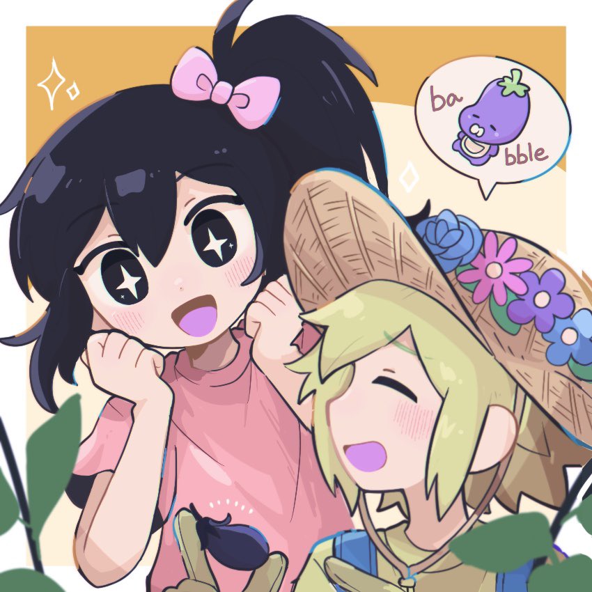 +_+ 1boy 1girl aged_down aubrey_(faraway)_(omori) aubrey_(omori) basil_(faraway)_(omori) basil_(omori) black_eyes black_hair blonde_hair blue_flower blue_overalls blush border bow bright_pupils brown_headwear clenched_hands closed_eyes eggplant flower gloves green_shirt hair_between_eyes hair_bow hat head_wreath high_ponytail holding leaf medium_hair official_alternate_hairstyle omori open_mouth orange_background overalls pink_bow pink_flower pink_shirt purple_flower shirt short_hair short_sleeves smile sparkle sr_ld_fr stuffed_eggplant stuffed_toy white_border white_pupils