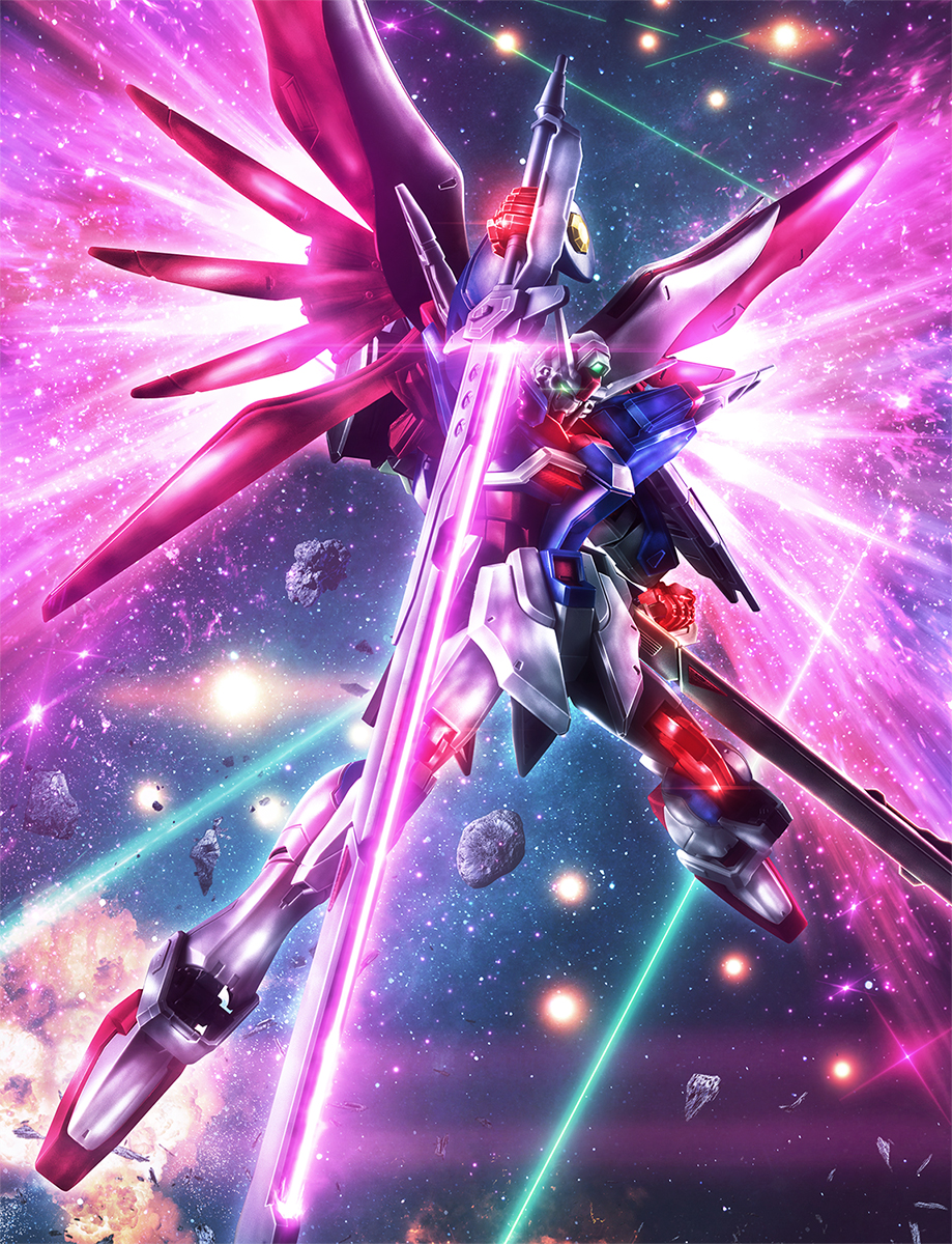asteroid clenched_hand commentary_request destiny_gundam_spec_ii energy_sword energy_wings explosion eye_trail glowing glowing_eyes glowing_hands green_eyes gundam gundam_seed gundam_seed_freedom highres holding holding_sword holding_weapon laser legs_apart light_particles light_trail mecha mecha_focus mobile_suit no_humans robot science_fiction solo space star_(sky) sword v-fin weapon youiki