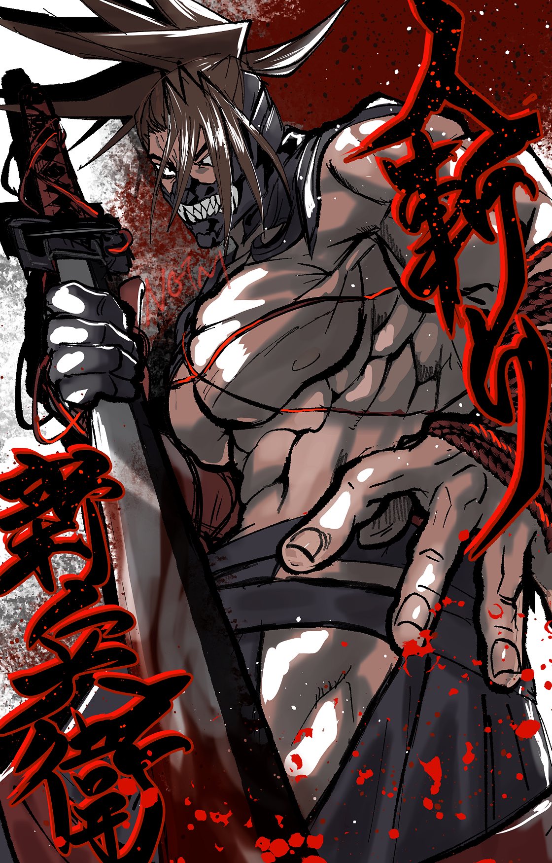 1boy abs angry bara bare_pectorals brown_hair fate/grand_order fate_(series) feet_out_of_frame hair_over_one_eye hakama highres igote japanese_clothes large_pectorals long_hair looking_at_viewer male_focus muscular muscular_male nonono_nagata pectorals solo spiked_hair tanaka_shinbei_(fate) weapon