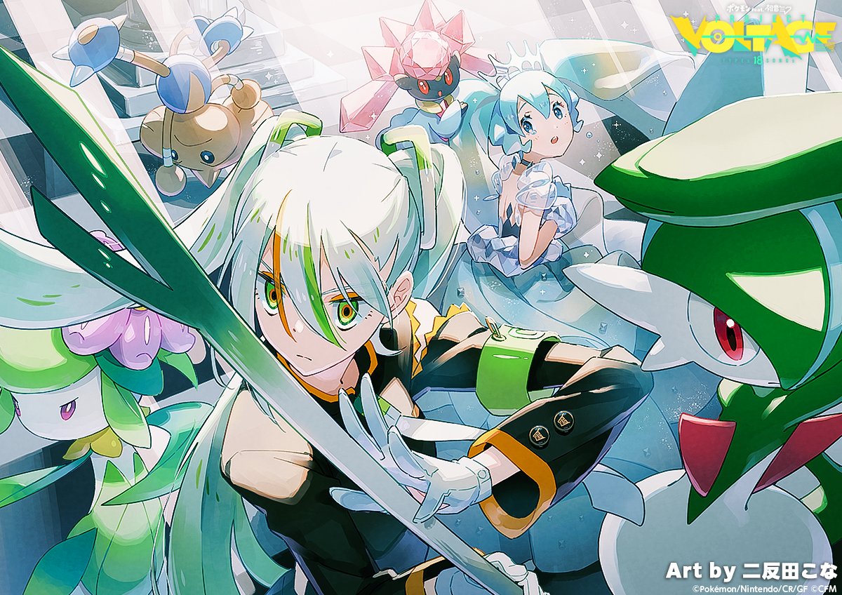 2girls artist_name copyright_name crystal diancie dress fighting_miku_(project_voltage) gallade green_eyes hatsune_miku hisuian_lilligant hitmontop holding long_sleeves multicolored_hair multiple_girls nintendo nitanda_cona official_art pokemon pokemon_(creature) project_voltage red_eyes ringed_eyes rock_miku_(project_voltage) sleeveless sleeveless_dress spring_onion streaked_hair twintails upside-down vocaloid white_hair