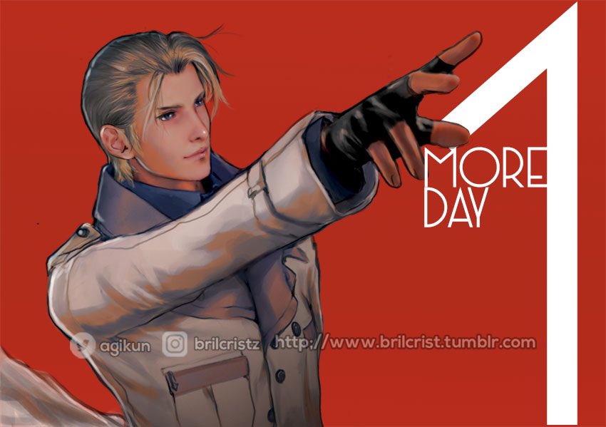 1boy black_gloves blonde_hair brilcrist closed_mouth coat collared_shirt countdown final_fantasy final_fantasy_vii final_fantasy_vii_rebirth final_fantasy_vii_remake fingerless_gloves gloves grey_shirt hair_slicked_back instagram_logo instagram_username light_smile long_sleeves male_focus outstretched_hand portrait red_background rufus_shinra shirt short_sleeves solo tumblr_username twitter_logo twitter_username upper_body white_coat