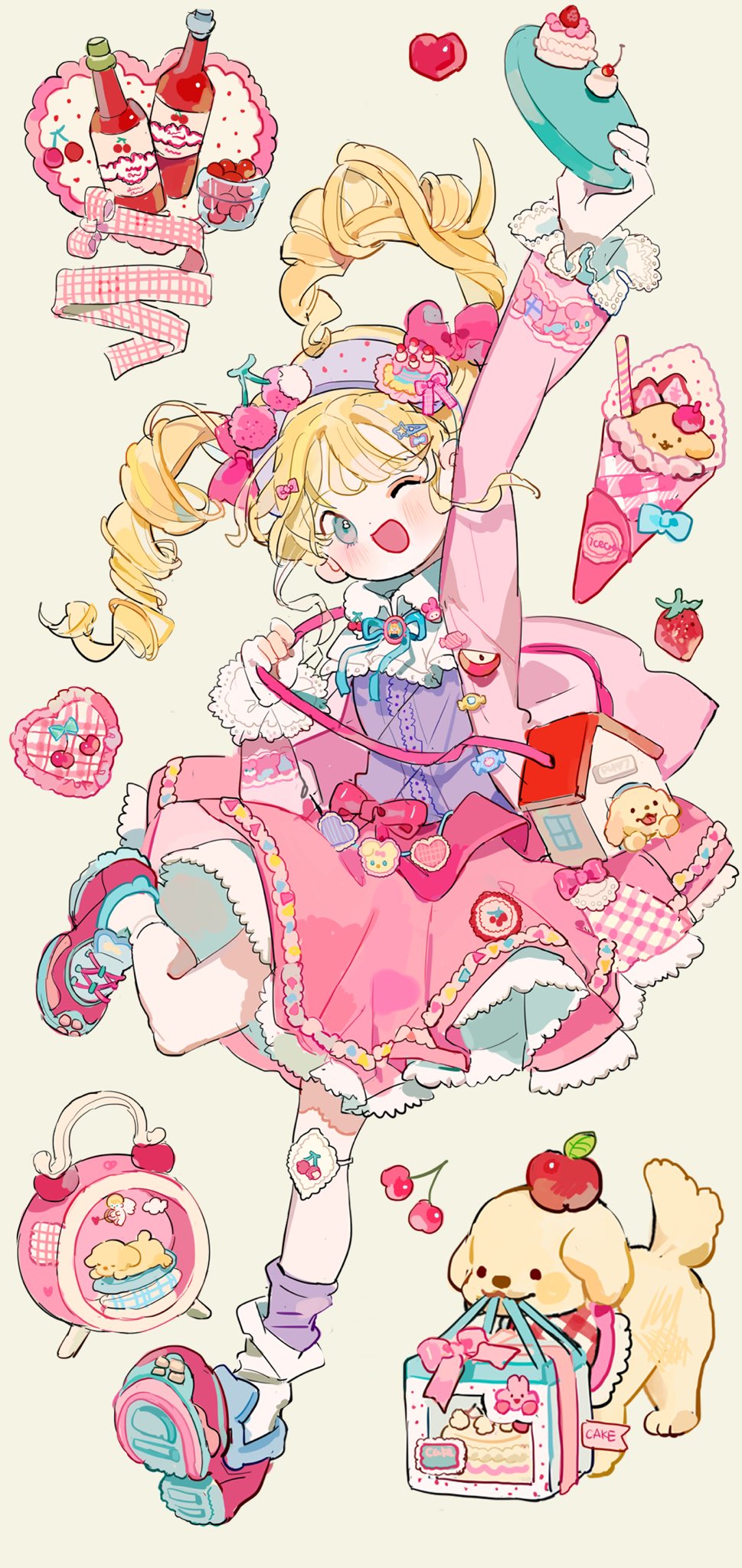 1girl ;d alarm_clock apple arm_up asymmetrical_legwear bare_legs blonde_hair blue_bow blue_bowtie bottle bow bowtie buttons cherry cherry_hair_ornament clock cup dog dress dress_bow drill_hair floating_hair food food-themed_hair_ornament fruit full_body hair_ornament hairband hairclip heart heel_up highres holding holding_plate holding_ribbon house ice_cream_cone lace-trimmed_sleeves lace_trim lolita_fashion long_hair looking_at_viewer macaron mismatched_legwear mouth_hold one_eye_closed open_mouth original pink_bow pink_dress pink_footwear pink_ribbon pink_theme plaid plaid_ribbon plate purple_socks putong_xiao_gou ribbon sauce shoe_soles shoes sidelocks simple_background smile sneakers socks solo strawberry strawberry_slice toy_house twintails white_socks yellow_background