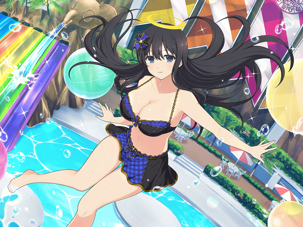 1girl bikini bikini_skirt black_bikini black_hair blue_bikini blue_eyes bow breasts chair chest_bow cleavage closed_mouth elephant_statue floating floating_object from_above hair_bow halo hedge indoors large_breasts long_hair midair navel non-web_source plaid plaid_bikini platform pool ryouki_(senran_kagura) senran_kagura senran_kagura_new_link smile solo swimsuit table two-tone_bikini umbrella water water_drop water_slide waterpark yellow_halo