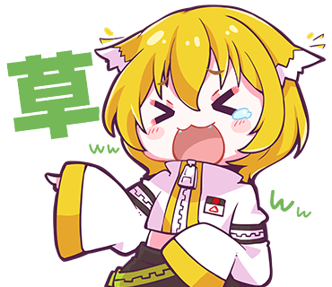 &gt;_&lt; 1girl :d black_shorts blonde_hair blush chibi closed_eyes colored_tips denonbu facing_viewer fangs hair_ears jacket laughing long_sleeves lowres midriff multicolored_hair nonkomu_(furiten5553) official_art open_mouth outline pointing short_hair shorts sleeves_past_fingers sleeves_past_wrists smile solo taiga_lucia tearing_up tears translation_request transparent_background white_hair white_jacket white_outline xd zipper zipper_pull_tab