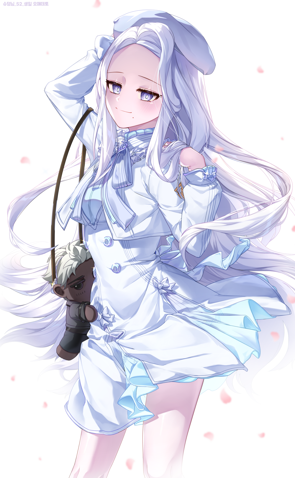 1girl arm_up bag beret bow bowtie buttons closed_mouth commentary cropped_jacket double-breasted dress floating_hair forehead frills glint half-closed_eyes hand_in_hair hand_on_headwear hand_up handbag hat highres hm_(wonhml) jacket long_hair long_sleeves looking_at_viewer mabinogi mole mole_under_mouth original petals purple_eyes shiny shiny_hair shiny_skin short_dress sidelocks simple_background smile solo standing symbol-only_commentary very_long_hair white_background white_bow white_dress white_hair white_headwear white_jacket white_neckwear wind