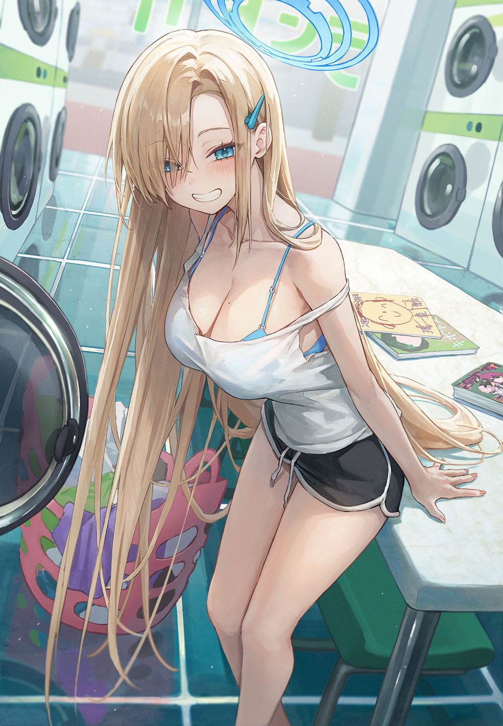 1girl asuna_(blue_archive) black_shorts blonde_hair blue_archive blue_bra blue_halo book bra breasts camisole cleavage doodle_sensei_(blue_archive) grin hair_ornament hairclip halo highres large_breasts laundry_basket long_hair looking_at_viewer mole mole_on_breast r_o_ha sensei_(blue_archive) shorts smile solo standing strap_slip thighs underwear washing_machine white_camisole