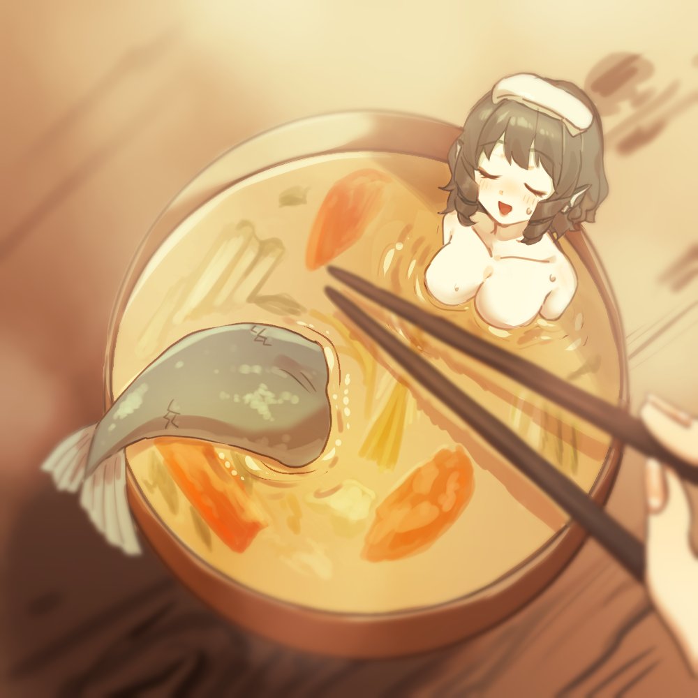 1girl 1other ama_(pixiv_50406250) breasts chopsticks closed_eyes collarbone commentary_request drill_hair drill_sidelocks food food_on_head holding holding_chopsticks object_on_head one-hour_drawing_challenge short_hair sidelocks solo_focus soup sweatdrop touhou wakasagihime