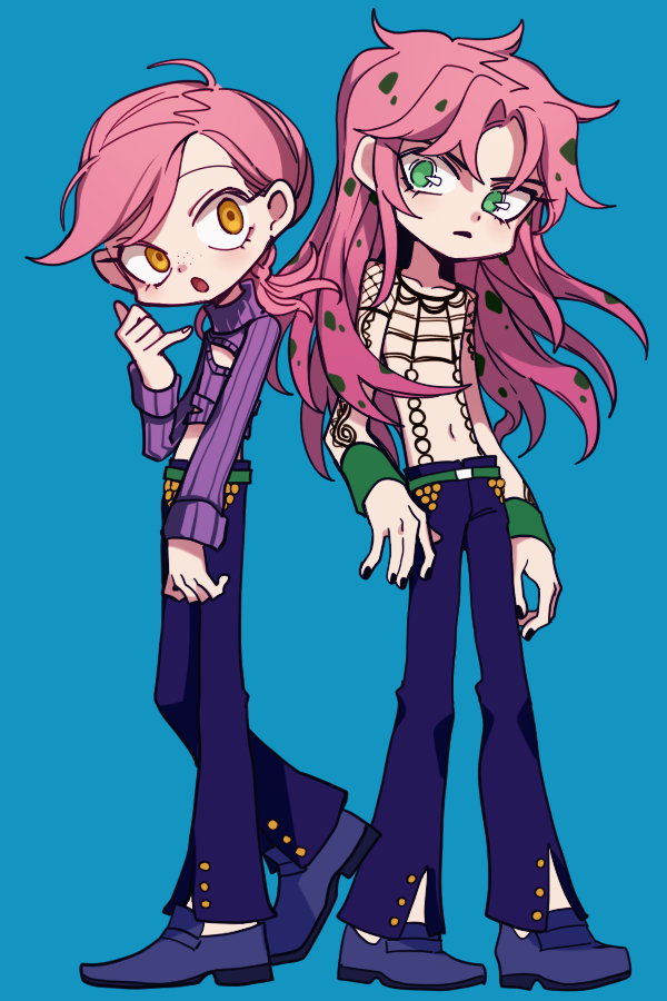 2boys black_nails blue_background clothing_cutout commentary_request cropped_sweater diavolo fishnet_top fishnets green_eyes jojo_no_kimyou_na_bouken long_hair low_ponytail male_focus multiple_boys nail_polish navel orange_eyes pink_hair ponytail ribbed_sweater sempon_(doppio_note) spotted_hair sweater turtleneck turtleneck_sweater vento_aureo vinegar_doppio wristband