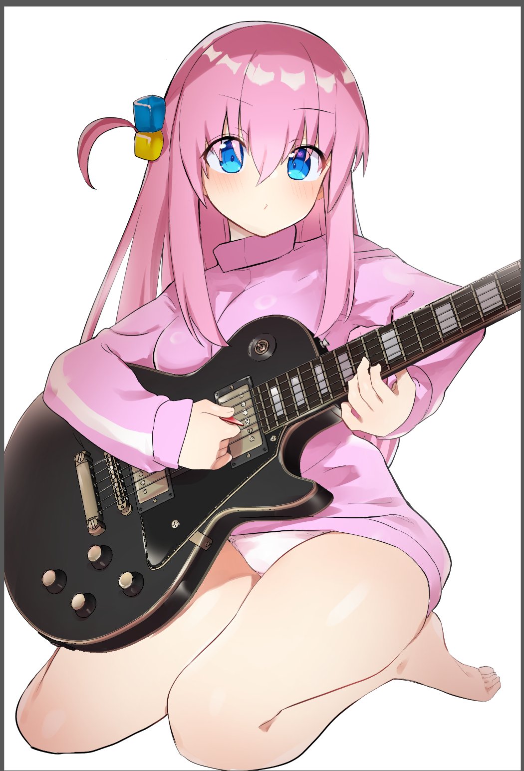 1girl barefoot blue_eyes blush bocchi_the_rock! border breasts caburi cube_hair_ornament electric_guitar gotoh_hitori guitar hair_between_eyes hair_ornament highres holding holding_instrument instrument jacket long_hair long_sleeves looking_at_viewer medium_breasts one_side_up panties pink_hair pink_jacket plectrum simple_background solo track_jacket underwear white_background white_panties