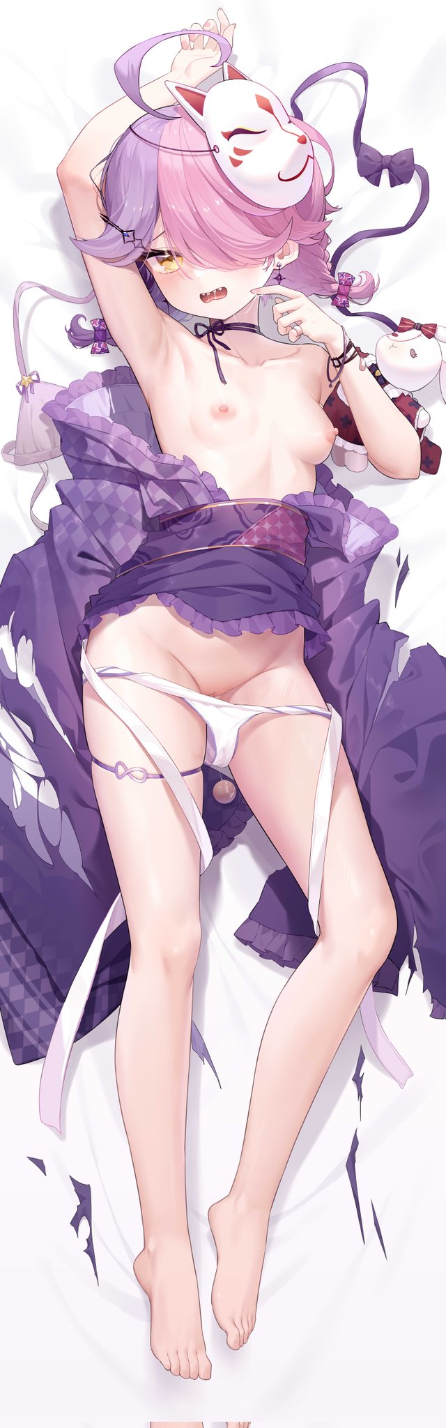 1girl ahoge argyle_clothes argyle_kimono arm_up ass_visible_through_thighs barefoot benghuai_xueyuan bow breasts cleft_of_venus commentary_request corrupted_twitter_file fox_mask frilled_kimono frills full_body groin hair_over_one_eye highres honkai_(series) japanese_clothes kimono long_hair mask mask_on_head multicolored_hair navel nipples panties panty_pull pink_hair purple_bow purple_hair pussy pussy_juice saliva saliva_trail sharp_teeth sin_mal sin_mal0909 small_breasts solo stuffed_animal stuffed_rabbit stuffed_toy teeth torn_clothes torn_kimono two-tone_hair uncensored underwear unworn_clothes wavy_mouth white_panties yellow_eyes