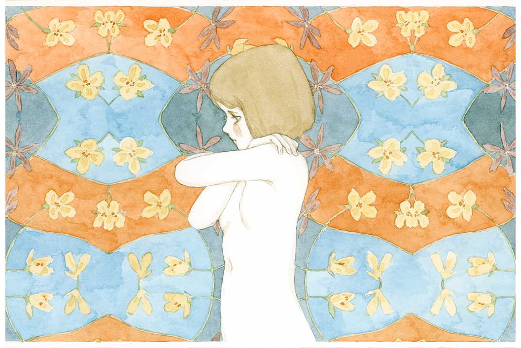 1girl breasts brown_eyes brown_hair colored_skin completely_nude floral_background half-closed_eyes kst1911 light_frown navel no_nipples nude original painting_(medium) profile self_hug small_breasts solo traditional_media upper_body watercolor_(medium) white_skin