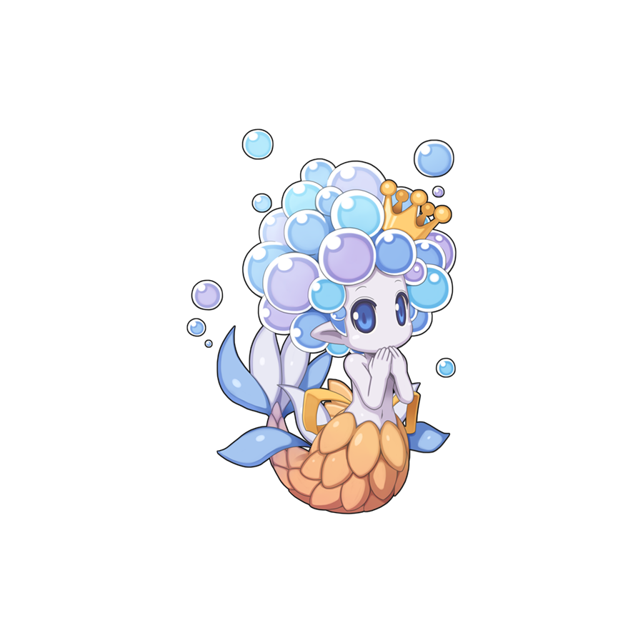 1girl aqua_(ragnarok_online) blue_eyes bubble chibi colored_skin covering_own_mouth crown full_body grey_skin mermaid monster_girl navel official_art pointy_ears ragnarok_online simple_background solo transparent_background yuichirou